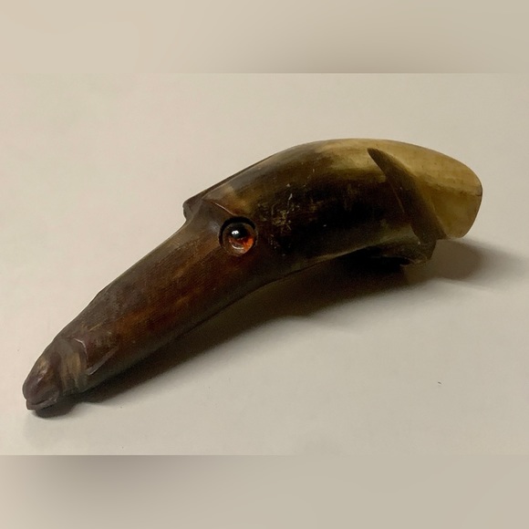 Antique Folk Artisan Hand Carved Bull Horn Figural Dog Head Cane Handle - Picture 11 of 16